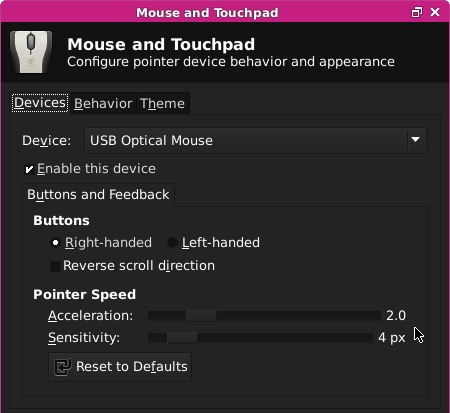 Screenshot of mouse configuration panel