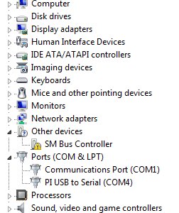 Device Manager showing serial ports